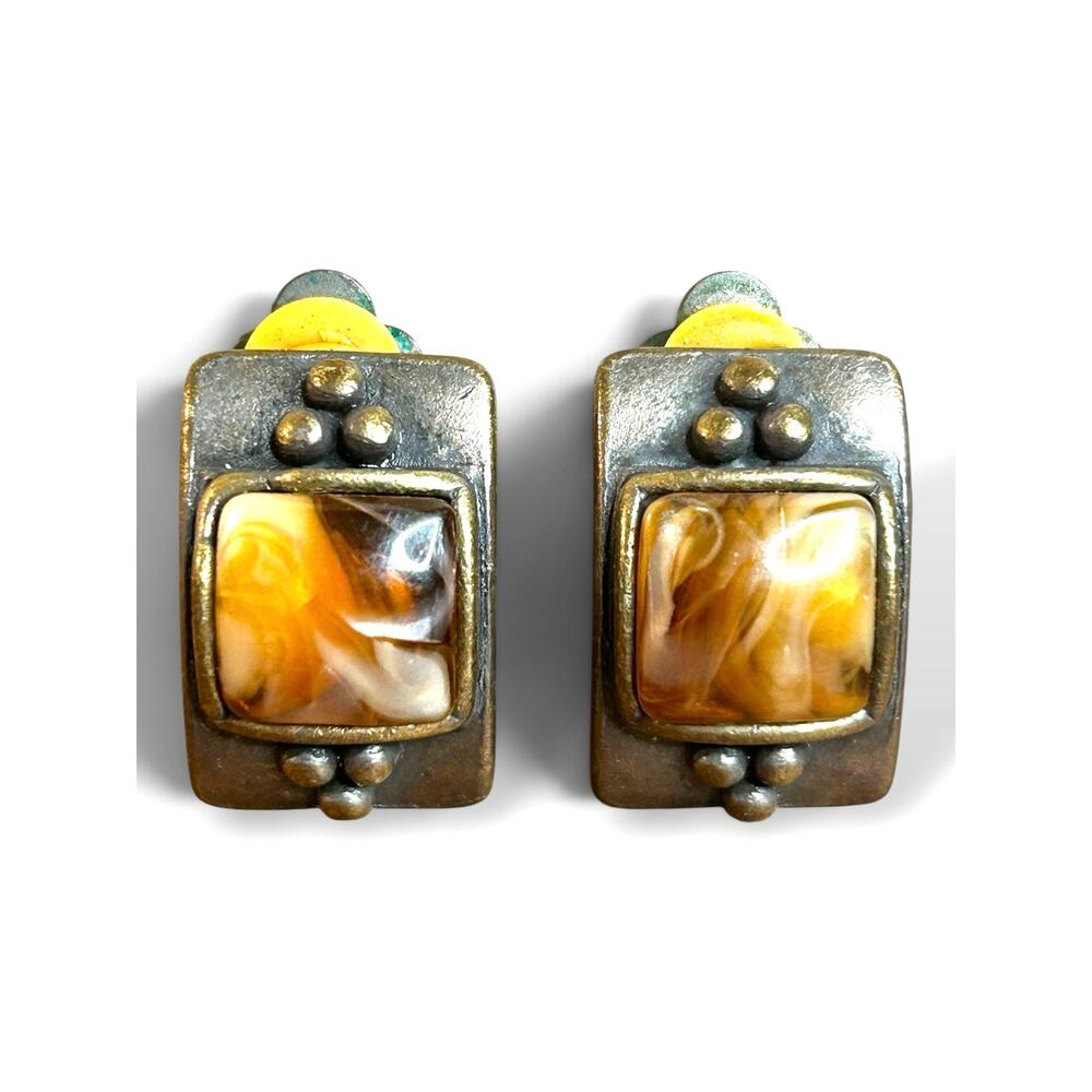 Vintage Antique Bronze Rectangle Clip On Earrings Enamel Swirl Caramel 1980s